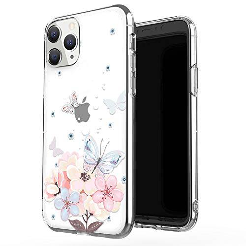 JAHOLAN 아이폰 11 프로 맥스 케이스 클리어 Cute Design 플렉시블 범퍼 TPU 소프트 러버 실리콘 커버 폰 케이스 for 아이폰 11 프로 맥스 6.5 inch 2019 - Girl 플로럴 버터플라이 플라워 핑크