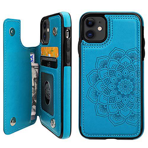 Vaburs 아이폰 11 케이스 지갑 with 카드 Holder, Embossed Mandala 패턴 플라워 프리미엄 PU 가죽 이중 마그네틱, 자석 Buttons 플립 충격방지 Protective 커버 for 아이폰 11 (6.1 Inch, Blue)