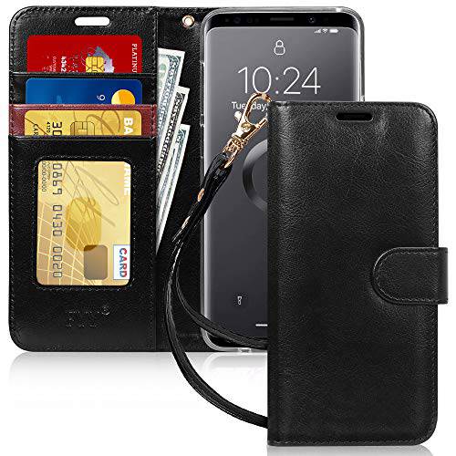 FYY 케이스for 갤럭시 S9, 럭셔리 PU 가죽 갤럭시 S9 지갑 케이스, [Kickstand Feature] 플립 폴리오 케이스 커버 with [Card Slots] and [Note Pockets] for 삼성 갤럭시 S9 (Black)