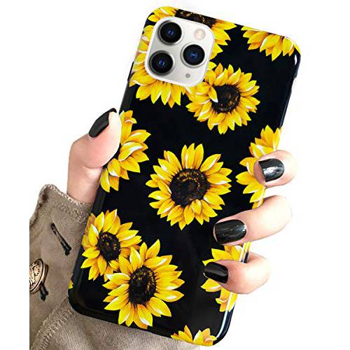 J.west 케이스 for New 아이폰 11 프로 맥스 빈티지 플로럴 Cute 옐로우 Sunflowers 블랙 소프트 커버 for Girls/ 여성용 Flex 실리콘 슬림 Fashion Design 패턴 프로tective 케이스 for 아이폰 11 프로 맥스 6.5