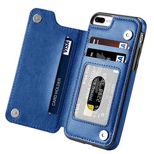 아이폰 7 플러스 케이스, 아이폰 8 플러스 케이스, Hoofur 슬림 호환 프리미엄 가죽 지갑 Casae 카드 슬롯 충격방지 폴리오 플립 Protective 디펜더 쉘 for 애플 아이폰 7 플러스 (5.5 Inch) (Blue)