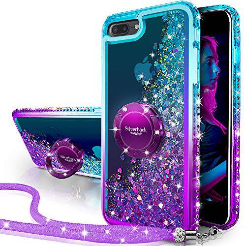 Silverback 아이폰 7 플러스 케이스, 아이폰 8 플러스 케이스, Moving 리퀴드 Holographic Sparkle 글리터, 빤짝이 케이스 with Kickstand, Bling 다이아몬드 범퍼 W/ 링 Protective 케이스 for 애플 아이폰 8/ 7 플러스 -Purple