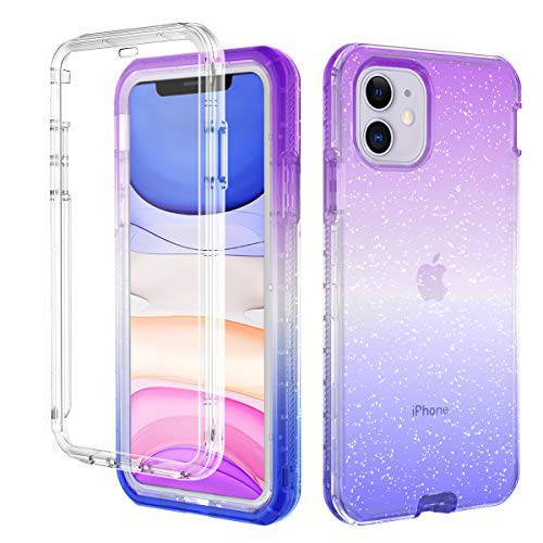 LONTECT 아이폰 11 케이스 내장 화면보호필름, 액정보호필름 Glitter Gradient 클리어 반짝 블링 견고한 충격방지 하이브리드 풀 바디 보호 케이스 커버 애플 아이폰 11 6.1 2019 Purple Blue for for