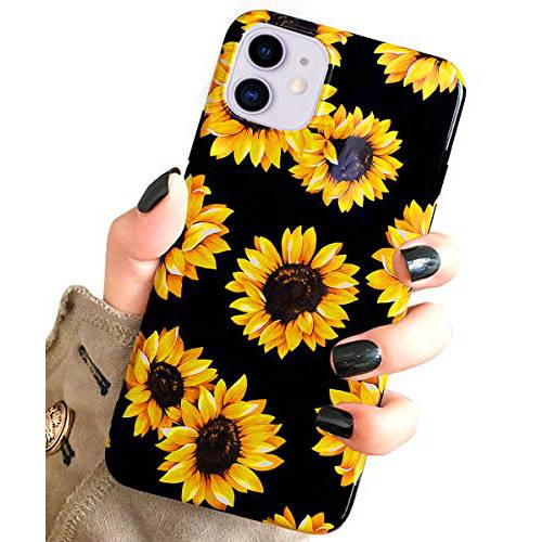 J.west 케이스 for New 아이폰 11 빈티지 플로럴 Cute 옐로우 Sunflowers 블랙 소프트 커버 for Girls/ 여성용 플렉시블 TPU 실리콘 슬림 호환 Fashion Design 패턴 Protective 케이스 for 아이폰 11 6.1 inch
