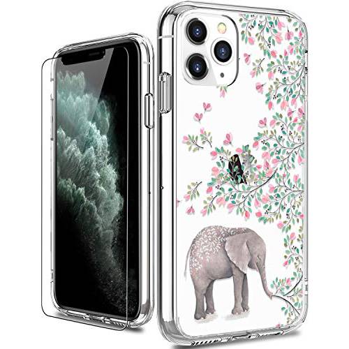 LUHOURI 아이폰 11 프로 케이스 with 스크린 프로tector, 클리어 with Cute 플로럴 플라워 Designs for Girls Women, 충격방지 슬림 호환 프로tective 폰 케이스 for 아이폰 11 프로 5.8 inch 2019 Elephant
