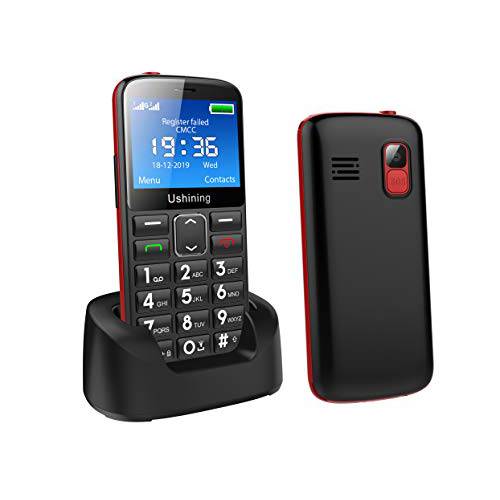 Ushining 노인 휴대폰 언락 SOS 버튼 소음 보조 호환가능한 3G Tmobile 휴대폰 for 노인 라지 볼륨 2.4 Inch HD 스크린 베이직 휴대폰 with 충전 도크 (Black)