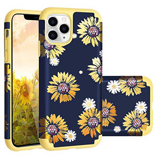 케이스wind 아이폰 11 프로 맥스 케이스, 글리터, 빤짝이 Sunflower Daisy Design 2 in 1 하드 PC&  소프트 실리콘 하이브리드 충격방지 Anti-Scratch TPU 러그드 범퍼 프로tective 아이폰 11 프로 맥스 케이스 for Girls, 옐로우