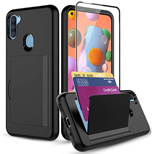 SunRemex  갤럭시 A11 케이스 포함 강화유리 스크린 보호, 삼성 갤럭시 A11 카드 홀더 케이스 킥스탠드 포함 신용 카드 Protective 지갑 커버 for 삼성 갤럭시 A11 Phone(Black)