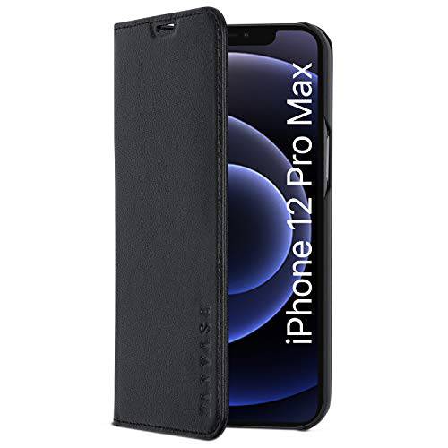 아이폰 12 프로 맥스 가죽 케이스 플립 커버 블랙 - KANVASA  프로 프리미엄 천연가죽 지갑 북 폴리오 케이스 The 아이폰 12 프로 맥스 (6.7 인치) - 매우얇은 마그네틱,자석 클로져