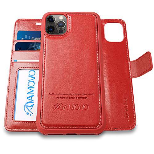 AMOVO  호환가능한 아이폰 12 프로 맥스 케이스 지갑 탈착식 [2 in 1][Vegan Leather][Hand Strap][Card Slot][Stand 기능] 플립 폴리오 케이스 커버 호환가능한 아이폰 12 프로 맥스 (6.7’’) (Re