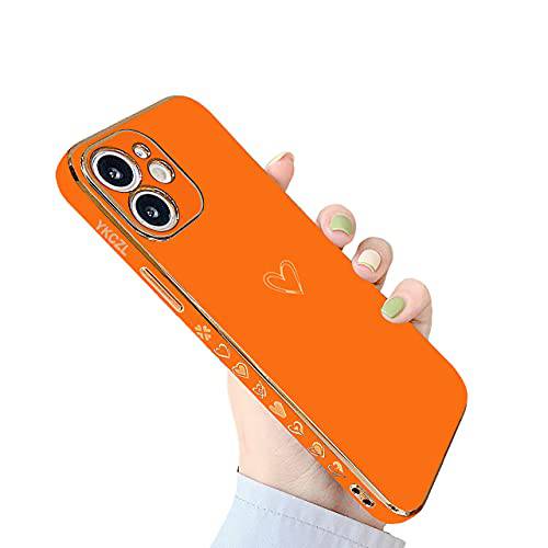 YKCZL 호환가능한 아이폰 11 귀여운 미적 Heart 패턴 케이스 럭셔리 예쁜 Raised 풀 카메라 렌즈 프로텍트 TPU 실리콘 보호 쉘 케이스 아이폰 11(Orange)