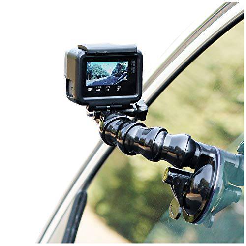 SUREWO Swivel Arm Car Suction Cup Mount Holder with Phone Holder Compatible with GoPro Hero 7 6 5 Black,4 Session,4 Silver,3+,iPhone,Samsung Galaxy,Google Pixel and More