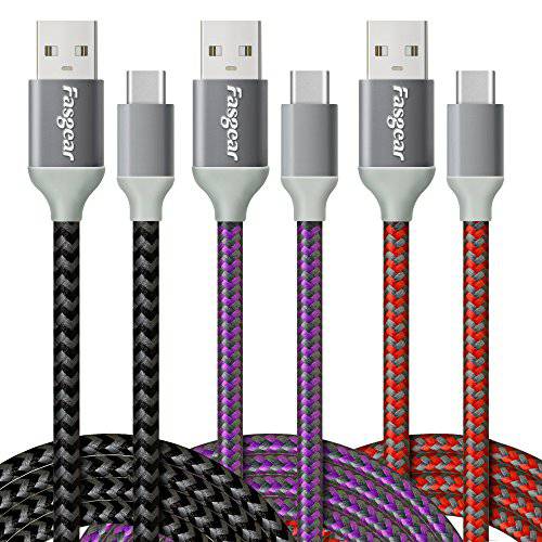 Fasgear USB C Cables 6ft, 3 Pack 고속충전 USB 2.0 to 타입 C Cables Nylon Braided Data 동기화 롱 충전 호환가능한 for 갤럭시 S20+ S10/ S9 플러스 노트 8, Moto G7, LG V30, Xperia XA2 (블랙, 퍼플, 레드)