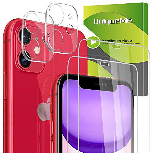 [ 4 Pack] UniqueMe  강화유리 화면보호필름, 액정보호필름 and 강화유리 카메라 렌즈 보호 for 아이폰 11 (6.1 Inch)