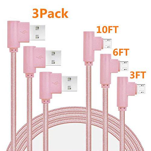 직각 Micro USB 케이블, 90 도 안드로이드 충전 케이블, (3Pack 3FT 6FT 10FT) USB to Micro 케이블 Nylon Braided 충전 코드 and Data 동기화 for 갤럭시 S7 LG 모토로라 안드로이드 스마트폰 (Pink)