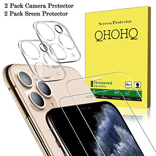 [4 Pack] QHOHQ 2 Pack 강화유리 화면보호필름, 액정보호필름+ 2 Pack 강화유리 카메라 렌즈 보호 for 애플 아이폰 11 프로 Max(6.5), [9H 강도] HD 반투명 Scratch-Resistant [기포 방지]