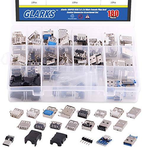 Glarks 180Pcs Micro 소켓 USB 2.0 3.0 타입 A Male Female Plug 커넥터 Jack Solder USB 리페어 교체용 어댑터 종류다양 세트