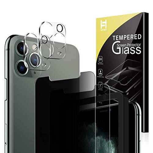 HATOSHI [2 팩] 프라이버시 화면보호필름, 액정보호필름+ [2 팩] 카메라 렌즈 보호 for 아이폰 11 프로 맥스 (6.5-inch)，[Tempered Glass][Scratch-Resistant] [이중 Protection][Case 친화적] 글래스 필름