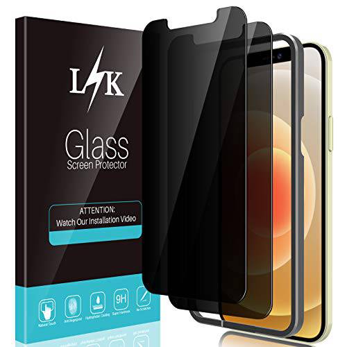 [2 팩] LK 프라이버시 화면보호필름, 액정보호필름  아이폰 12/  아이폰 12 프로 5G 6.1 인치 강화유리 [조정 프레임] 고 클리어, Scratch-Resistant, 케이스 친화적