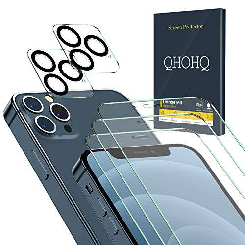QHOHQ 3 팩 화면보호필름, 액정보호필름 아이폰 12 프로 맥스 [6.7”]with 2 팩 강화유리 카메라 렌즈 보호, 강화유리 필름, [9H 강도] - HD - [2.5D 엣지] - [ 기포 프리] - [ 스크레치 방지