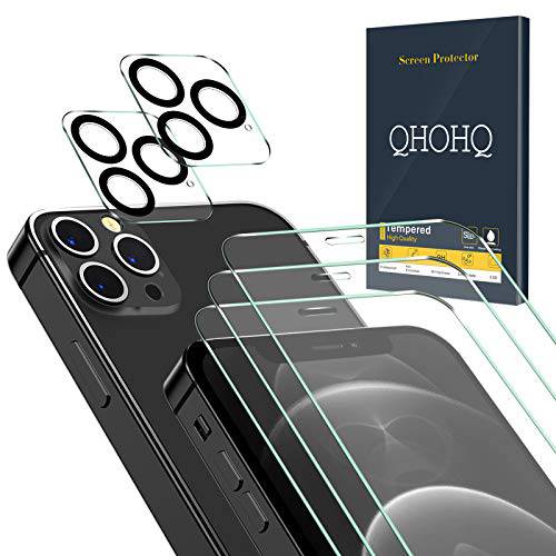 QHOHQ 3 팩 화면보호필름, 액정보호필름 아이폰 12 프로 [6.1 인치] 2 팩 강화유리 카메라 렌즈 보호, 강화유리 필름, [9H 강도] - HD - [2.5D 엣지] - [ 기포 프리] - [ 스크레치 방지]