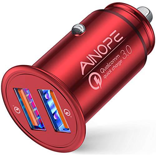 AINOPE USB 차량용 충전, [듀얼 QC3.0 포트] 36W/ 6A [모든 메탈] 고속 차량용 충전 미니 담배 라이터 USB 충전 퀵 충전 호환가능한 아이폰 11/ 11 프로/ XR/ X/ Xs, 노트 9/ 갤럭시 S10/ S9/ S8-RED