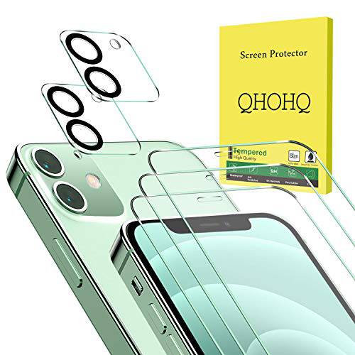 QHOHQ 3 팩 화면보호필름, 액정보호필름 아이폰 12 [6.1 인치] 2 팩 강화유리 카메라 렌즈 보호, 강화유리 필름, [9H 강도] - HD - [2.5D 엣지] - [ 기포 프리] - [ 스크레치 방지]