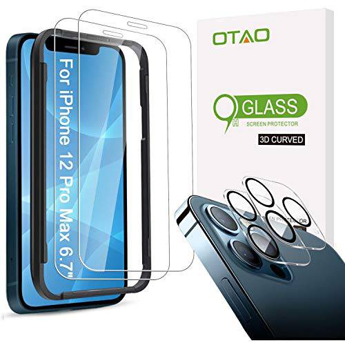 OTAO 2 팩 호환가능한 아이폰 12 프로 맥스 스크린 보호, 강화 글래스 (6.7inch)+ 2 팩 카메라 렌즈 보호 안티 스크레치, 기포 프리 HD