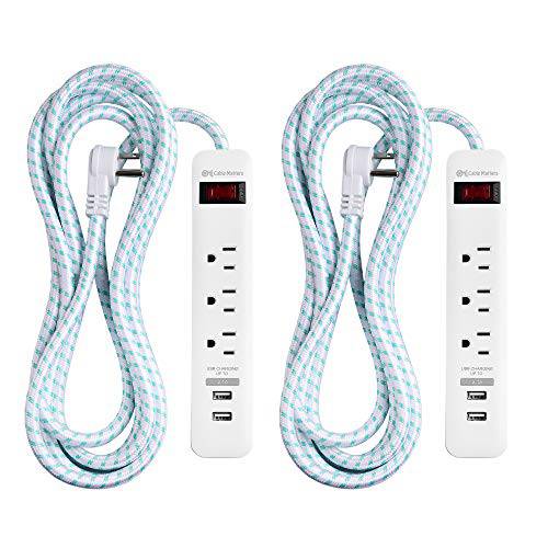 Cable Matters 2-Pack 3 콘센트 서지보호기 파워 스트립 USB 충전 포트 로우 프로파일 플러그 and 12 Foot 파워 케이블 in 화이트