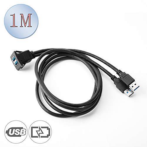 SINCODA 3FT 2 포트 듀얼 사각 USB 3.0 Male to USB 3.0 Female AUX 플러시 마운트 자동차 마운트 방수 연장 케이블 자동차 트럭 보트 오토바이 대쉬보드 패널