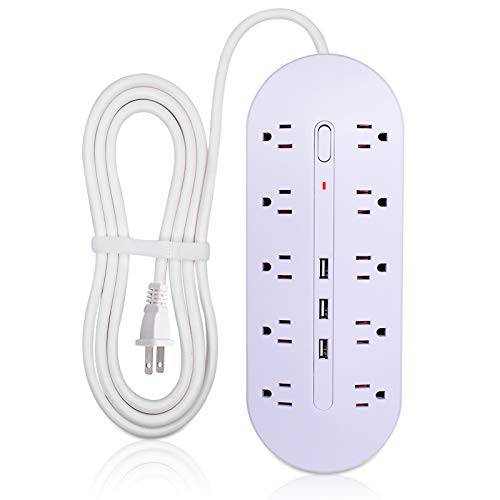 Yeatel 2 갈래 파워 Strip-10 AC Outlets 서지보호기 파워 스트립 3USB and 2 갈래 연장 케이블 Non-Grounded Outlets, 5V3.4A USB, 화이트