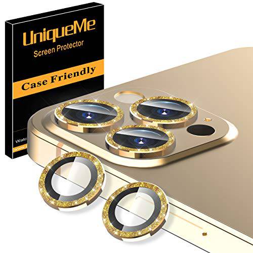 [5 팩] UniqueMe 카메라 렌즈 보호 호환가능한 아이폰 12 프로 맥스 6.7 인치, [정확한 Cutout] Bling 카메라 커버 원 강화유리 - 다이아몬드 골드