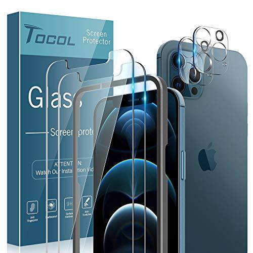 TOCOL 4 팩 호환가능한 아이폰 12 프로 맥스 (Not 아이폰 12 프로) - 2 팩 강화유리 스크린 프로tector and 2 팩 카메라 렌즈 글래스 프로tector 조정 프레임 케이스 친화적 - 클리어
