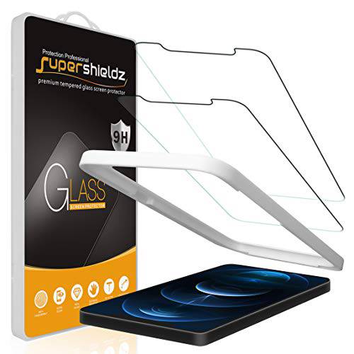 (2 팩) Supershieldz Designed 애플 아이폰 12 프로 맥스 (6.7 인치) 강화유리 화면보호필름, 액정보호필름 (간편 설치 트레이) 안티 스크레치,  기포방지