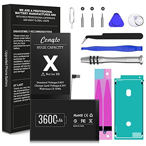 [3600mAh] 배터리 아이폰 X, (2021 New Version)Conqto New 업그레이드 0 싸이클 울트라 하이 용량 배터리 교체용 아이폰 X 모델 A1865, A1901, A1902 풀 세트 프로페셔널 수리 툴 키트