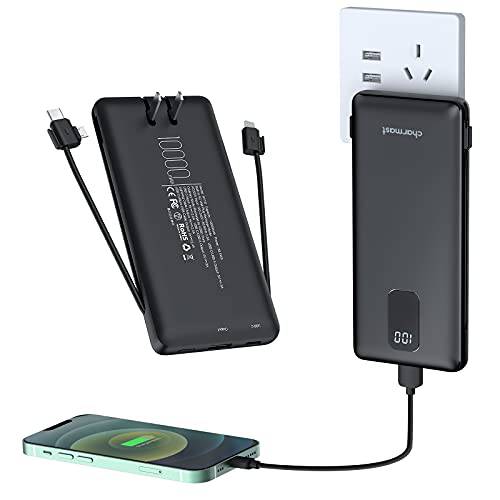 휴대용 폰 충전기, Charmast 10000mah USB C AC 벽면 플러그 보조배터리, 파워뱅크 슬림 외장 배터리 팩 충전기  빌트인 케이블 아이폰 아이패드 More 휴대폰 태블릿