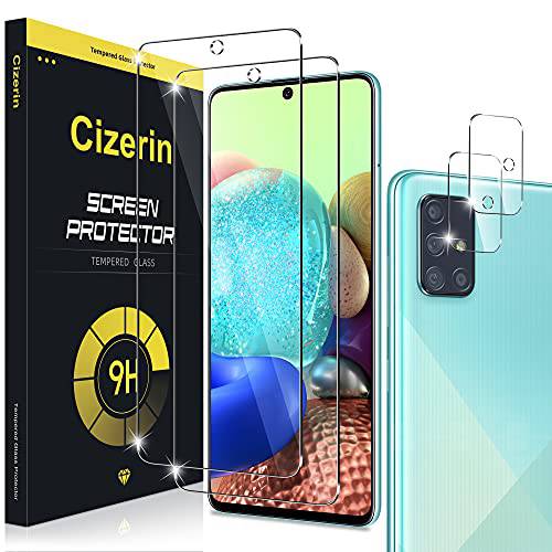 [2+ 2 팩] Cizerin 강화유리 화면보호필름, 액정보호필름 삼성 갤럭시 A71 4G/ 5G/ 5G UW- and 카메라 렌즈 보호 - Anti-fingerprint - 파편 방지 - HD Clarity - 케이스 친화적 - Gorilla 글래스