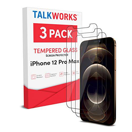 TalkWorks 아이폰 12 프로 맥스 화면보호필름, 액정보호필름 (3 팩) 프리미엄 강화유리 필름 듀러블 0.33mm 9H 강도, 케이스 호환가능한, Smudge, 스크레치, 크랙, 파편 방지, 크리스탈 클리어 HD 터치 Clarity