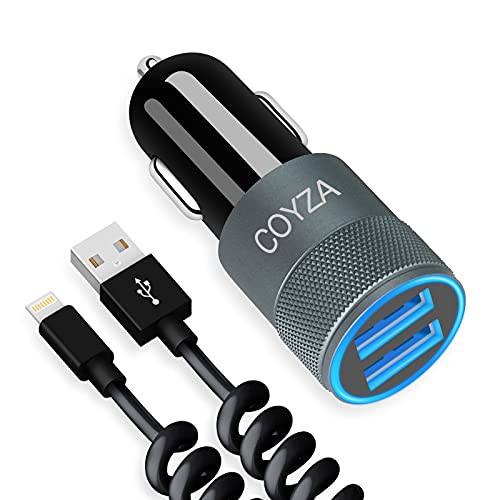 COYZA 고속 차량용충전기 어댑터, 호환가능한 아이폰 12/ 11/ 프로 맥스/ 프로/ 미니/ X/ Xs/ XS 맥스/ XR/ SE 2020/ 8 플러스/ 8/ 7 플러스/ 7/ 6s/ 6/ 아이패드 에어 3/ 미니, 3.1A 듀얼 USB 포트 말린케이블 충전 케이블 케이블