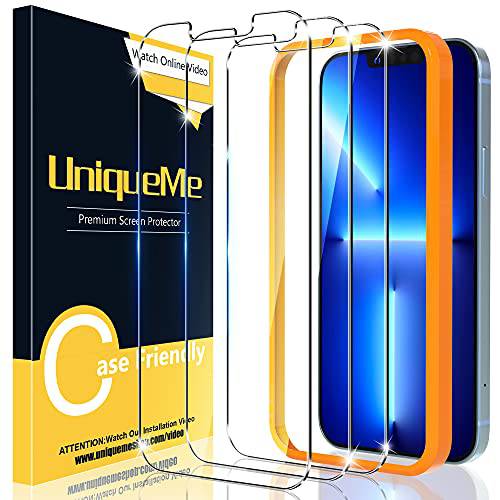 [3 팩] UniqueMe 호환가능한  아이폰 13/  아이폰 13 프로 6.1 인치 강화유리 화면보호필름, 액정보호필름 [간편 설치 프레임] HD 클리어 [Anti-Scratch] [ 기포방지]
