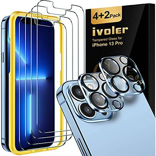 [6 팩] iVoler 4-Pack 화면보호필름, 액정보호필름 호환가능한 아이폰 13 프로 6.1’’ 2-Pack 카메라 렌즈 보호,  강화유리 필름 [Anti-Scratch] [Easy-Installation 툴] [9H 강도]- HD Cle