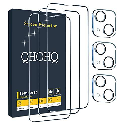 QHOHQ 3 팩 화면보호필름, 액정보호필름 아이폰 13 6.1 3 팩 카메라 렌즈 보호, HD 풀 스크린 강화유리 필름, 9H 강도, 간편 설치 - 케이스 친화적