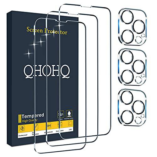 QHOHQ 3 팩 화면보호필름, 액정보호필름 아이폰 13 프로 6.1 3 팩 카메라 렌즈 보호, HD 풀 스크린 강화유리 필름, 9H 강도, 간편 설치 - 케이스 친화적