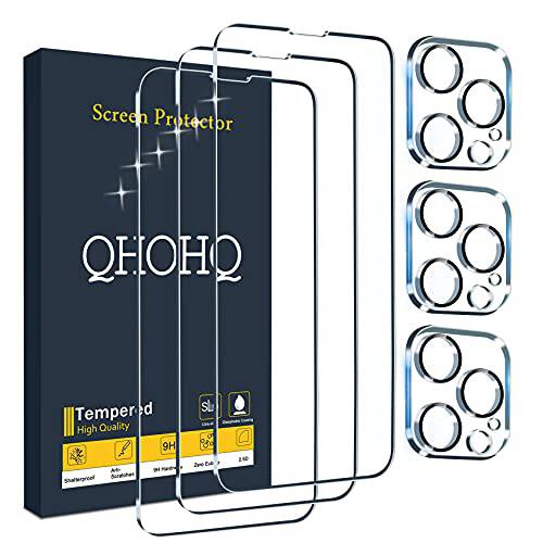 QHOHQ 3 팩 화면보호필름, 액정보호필름 아이폰 13 프로 맥스 6.7 3 팩 카메라 렌즈 보호, HD 풀 스크린 강화유리 필름, 9H 강도, 간편 설치 - 케이스 친화적