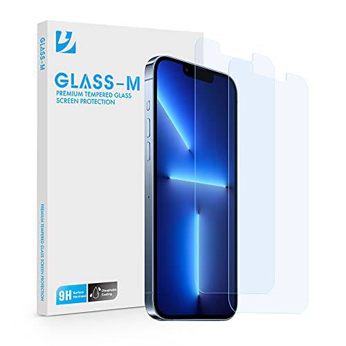 [2 팩] GLASS-M Anti-Blue 라이트 화면보호필름, 액정보호필름 아이폰 13 프로 맥스, 아이 프로텍트 강화유리, 풀 커버리지 안티 글레어 글래스 스크린 커버