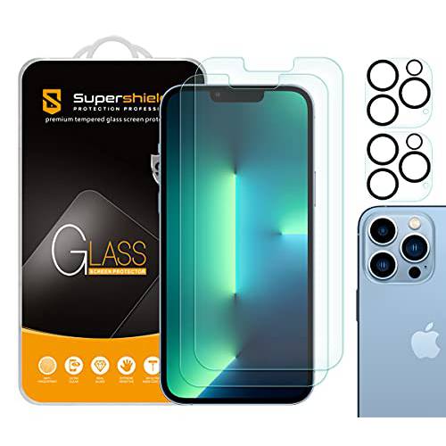 (2 팩) Supershieldz Designed 아이폰 13 프로 맥스 (6.7 인치)+ 카메라 렌즈 [ 강화유리] 화면보호필름, 액정보호필름, 안티 스크레치,  기포방지