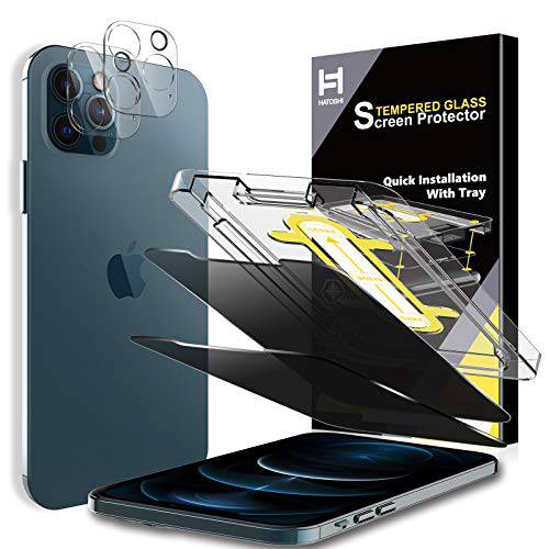 HATOSHI 2 팩 프라이버시 화면보호필름, 액정보호필름+ 2 팩 카메라 렌즈 보호 호환가능한 아이폰 12 프로, [Anti-spy 강화유리] 케이스 친화적 보호 글래스 스크린 아이폰 12 프로 6.1-inch, 블랙