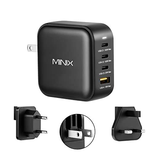 MINIX 네오 P3 100W 터보 4-Ports GaN 벽면 충전기, 3 x USB-C 포트 고속충전 Adapter(Max 100W/ 20W), 1 USB-A (맥스 18W). 호환가능한 맥북 프로 에어, 아이패드 프로, 아이폰 13, 12, 갤럭시 S9 and More.
