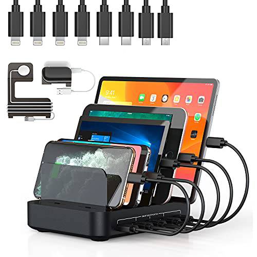 충전 스테이션 다양한 디바이스, 5 포트 멀티 USB 충전기 스테이션  애플워치&  에어팟 스탠드 호환가능한 아이폰, 아이패드,  휴대폰, 스마트폰, 태블릿 (8 혼합 숏 케이블 포함)