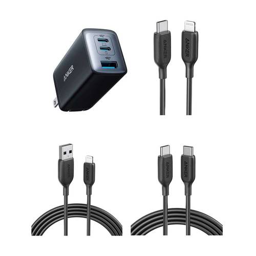 Anker Powerline III USB C to USB C 충전기 케이블 (100W, 6ft)& Anker USB C to 라이트닝 케이블 6ft& Anker 541 USB-C to 고속충전 라이트닝 케이블 6ft& Anker 735 USB C 벽면 충전기 (소형 II 65W)